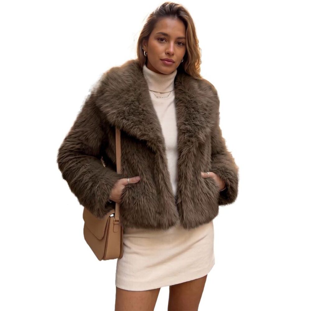 Womens Faux Fur Coat Fuzzy Long Sleeve Lapel Oversized Winter Jacket Brown